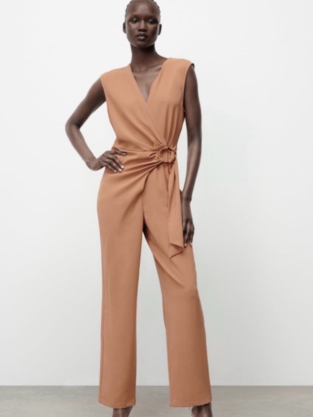 Zara Sleeveless V-Neck Ring-Tie Jumpsuit in Camel Brown
